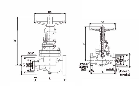 美標法蘭截止閥J41W-150LB尺寸表結構示意圖