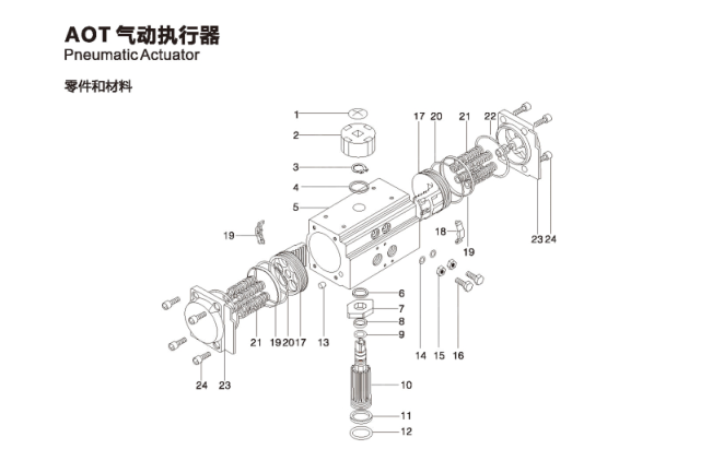 氣動執行器氣缸結構零件圖